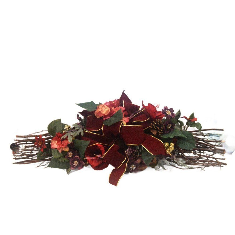 Holiday Swag with Deep Red Burgundy Orange Flowers Green Foliage Burgundy Ribbon
